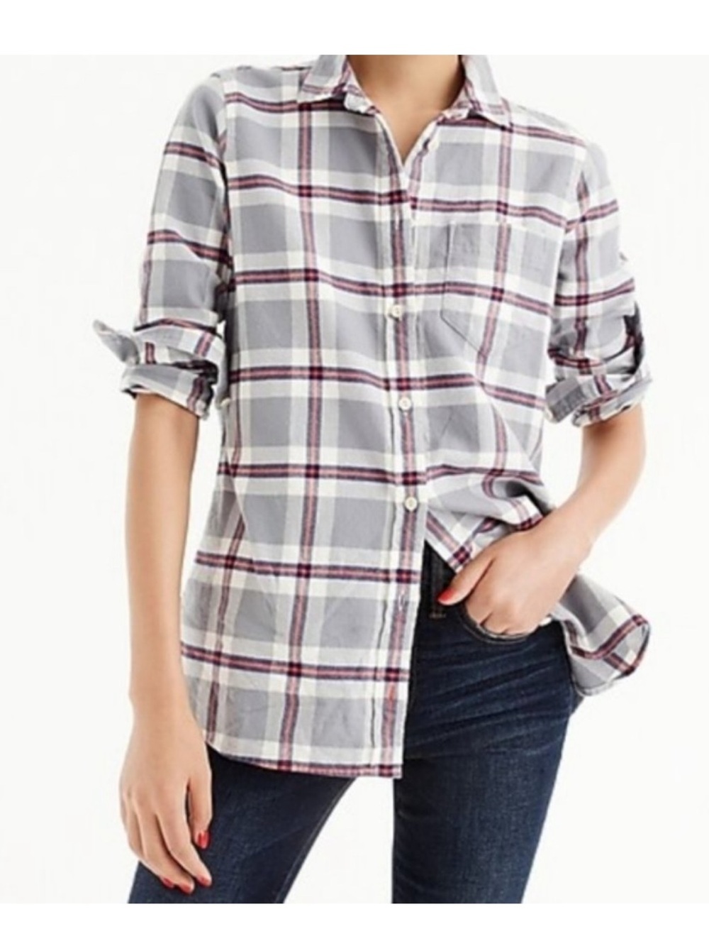 JCrew 100% Cotton Flannel Button-Up Shirt - Gray with Peach and Navy Plaid